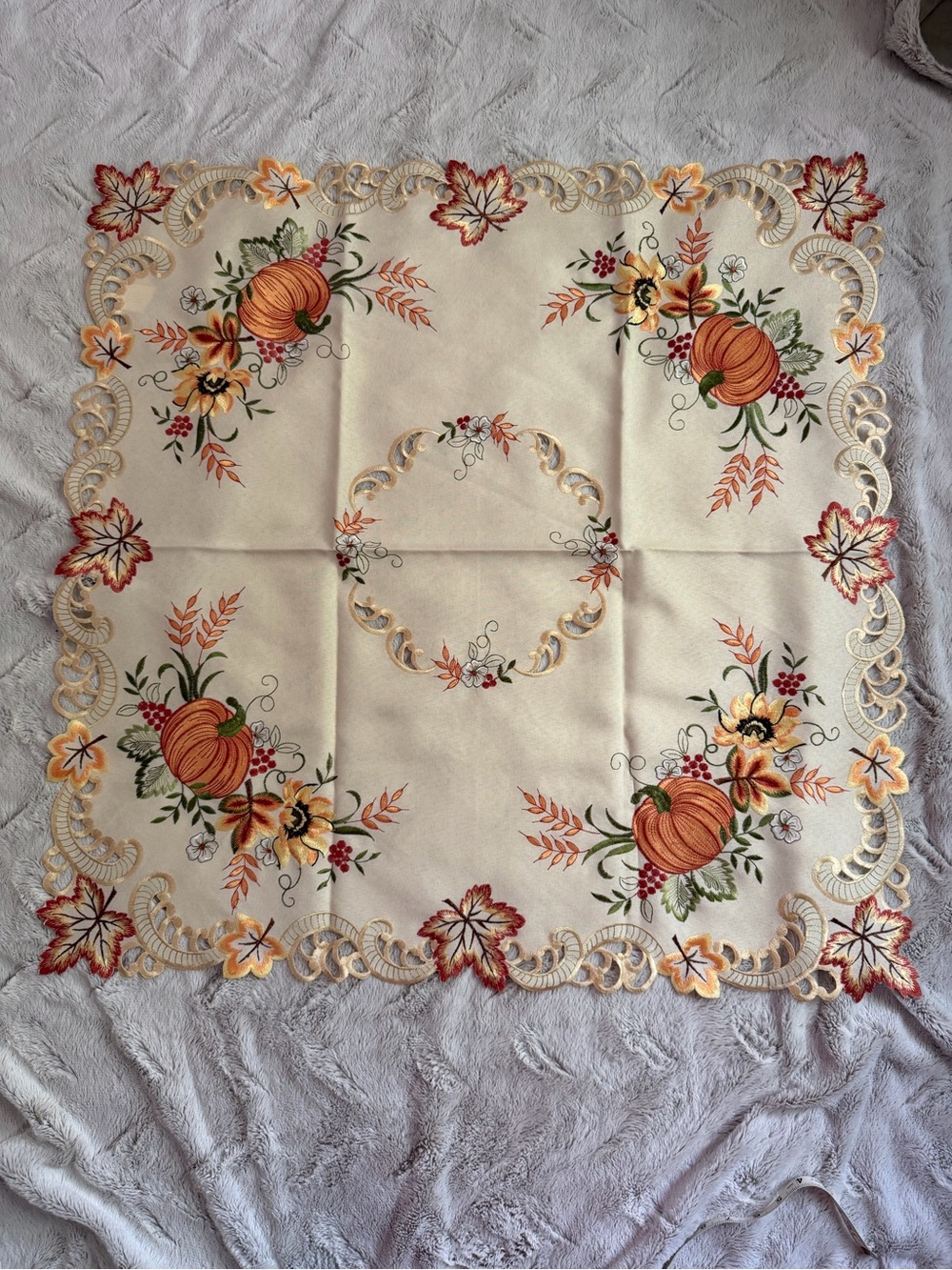 Fall Harvest Embroidered Pumpkin Sunflower Table Topper Cutwork Lace 33x33
